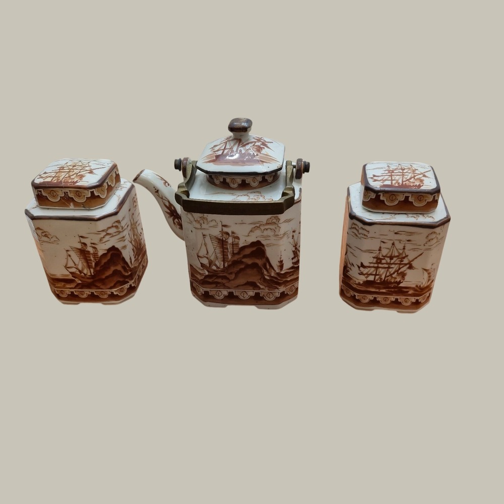 Japan Tea Set Vintage 40s 50s White Brown Nautical Ship Tea Caddies Teapot